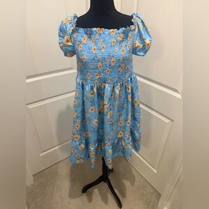 SHEIN Blue Smocked Puff Sleeve Mini Dress